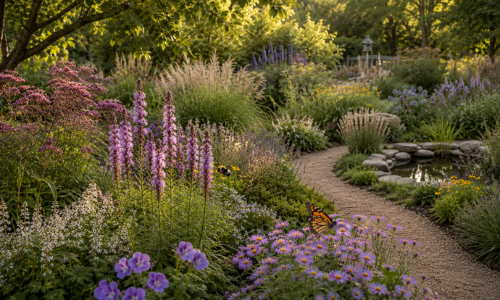 Serene garden path with butterfly
