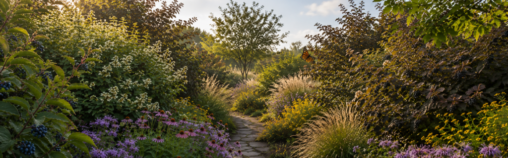 banner golden sunlight through a lush pathway