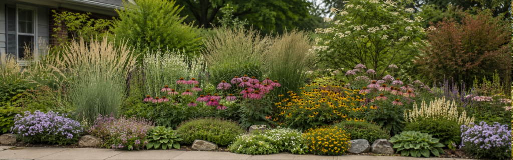 Creating a Beautiful Native Garden with Layers banner lush layered garden border with vibrant blooms (1)