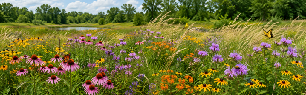 Sweeping Michigan native garden with grasses flowing among colorful wildflowers