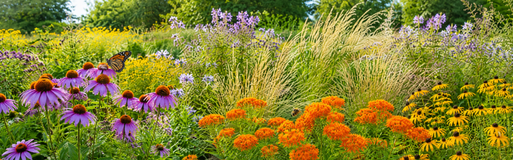 bannersummer garden with butterflies and blooms