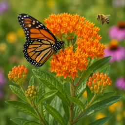 butterfly and bee on milkweed flowers (1)