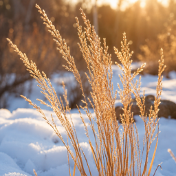little bluestem standing above fresh snow with warm morning light