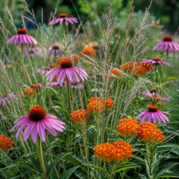 little bluestem weaving through purple coneflower and butterfly weed