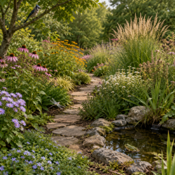 Creating a Beautiful Native Garden with Layers serene garden with pond and flowers (1)