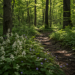 sunlit forest path with wildflowers