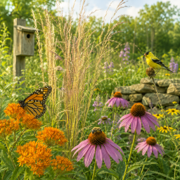 sunlit meadow with butterflies and birds