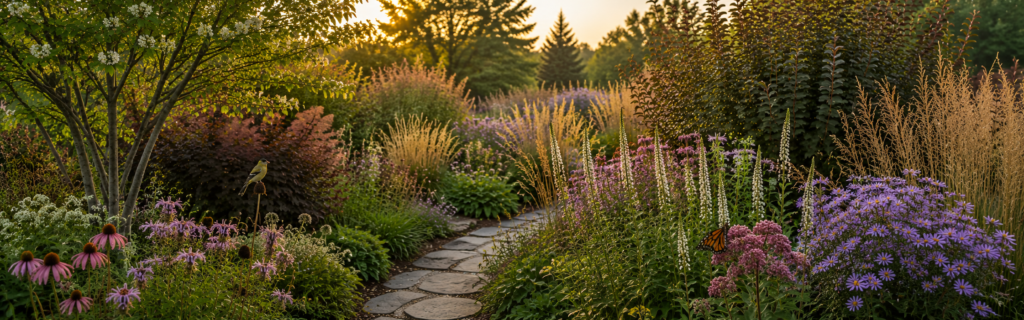 How To Design a Four-Season Michigan Garden banner golden hour in a blooming garden
