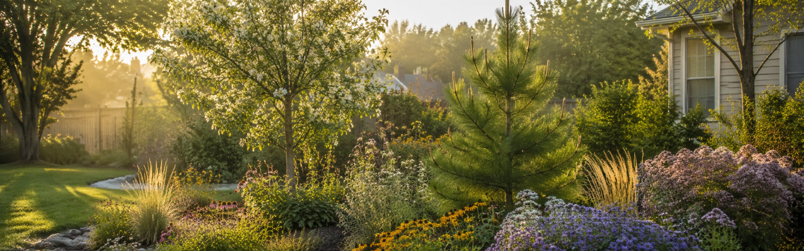 native trees lush garden in golden hour glow