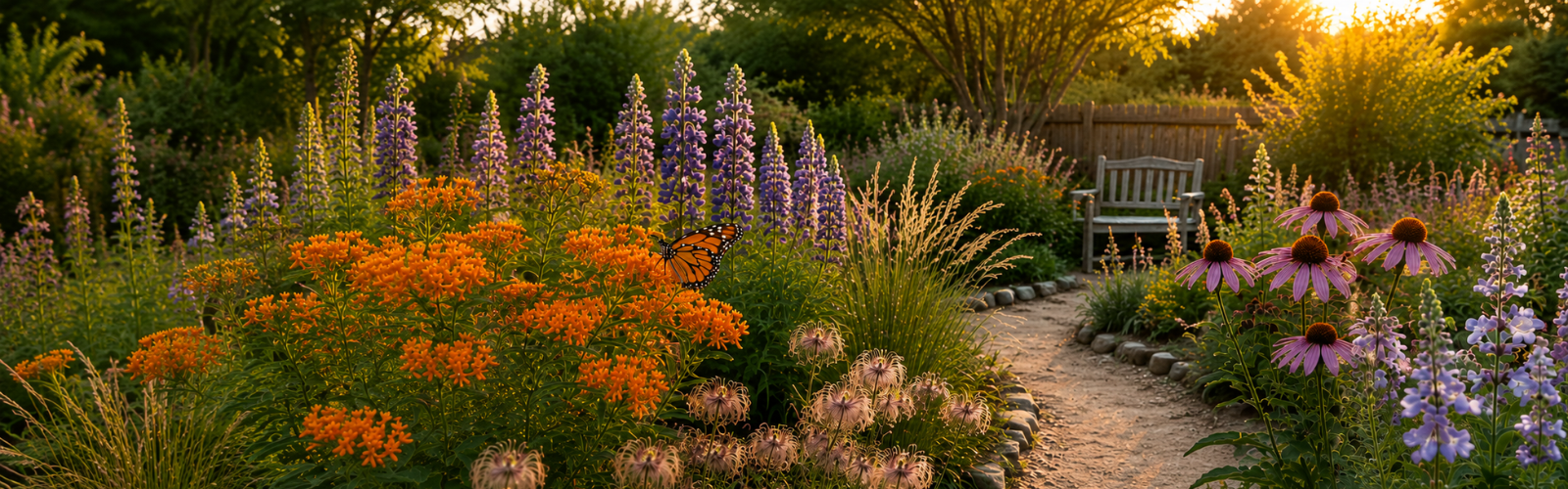 sandy sunlit garden at golden hour