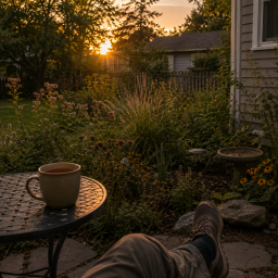 cozy garden sunset with warm light