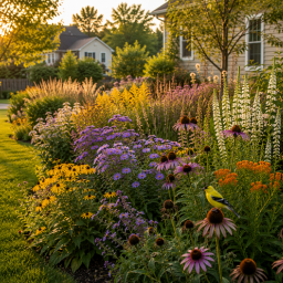 How To Prepare Your Garden for Fall Pollinators golden hour garden with goldfinch