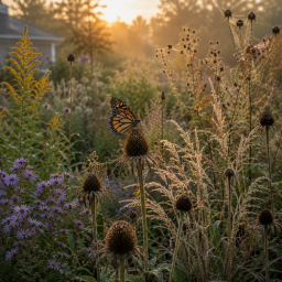 How To Prepare Your Garden for Fall Pollinators golden monarch in a dewy garden
