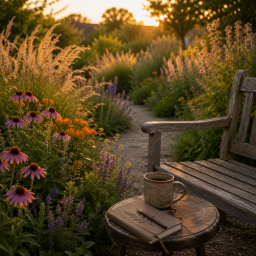 sandy serene garden retreat at golden hour