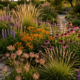 sandy sunlit wildflower garden at golden hour