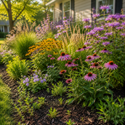 sunny suburban garden in bloom