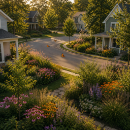 sunny suburban street with blooming native gardens