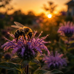What Happens In Your Garden When the Sun Goes Down sunset bumblebee on bergamot
