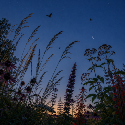 What Happens In Your Garden When the Sun Goes Down sunset starlit bats wildflower garden at dusk