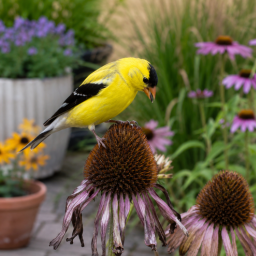 The Best Native Plants That Feed Goldfinches goldfinch feasting on seed head of purple coneflower
