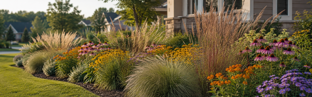 various grasses with flowers