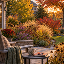 a quiet autumn garden scene viewed from a chair