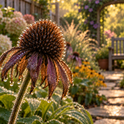dew covered purple coneflowe seed head