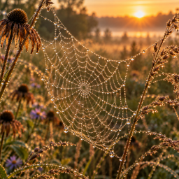 dew covered spiderweb at sunrise