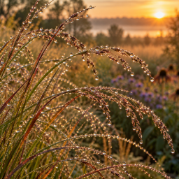 native grasses covered in morning dew