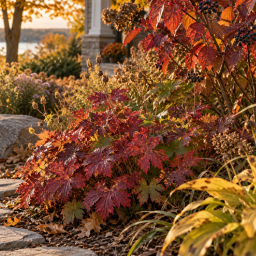 intimate garden view featuring wild geranium foliage turning red burgundy